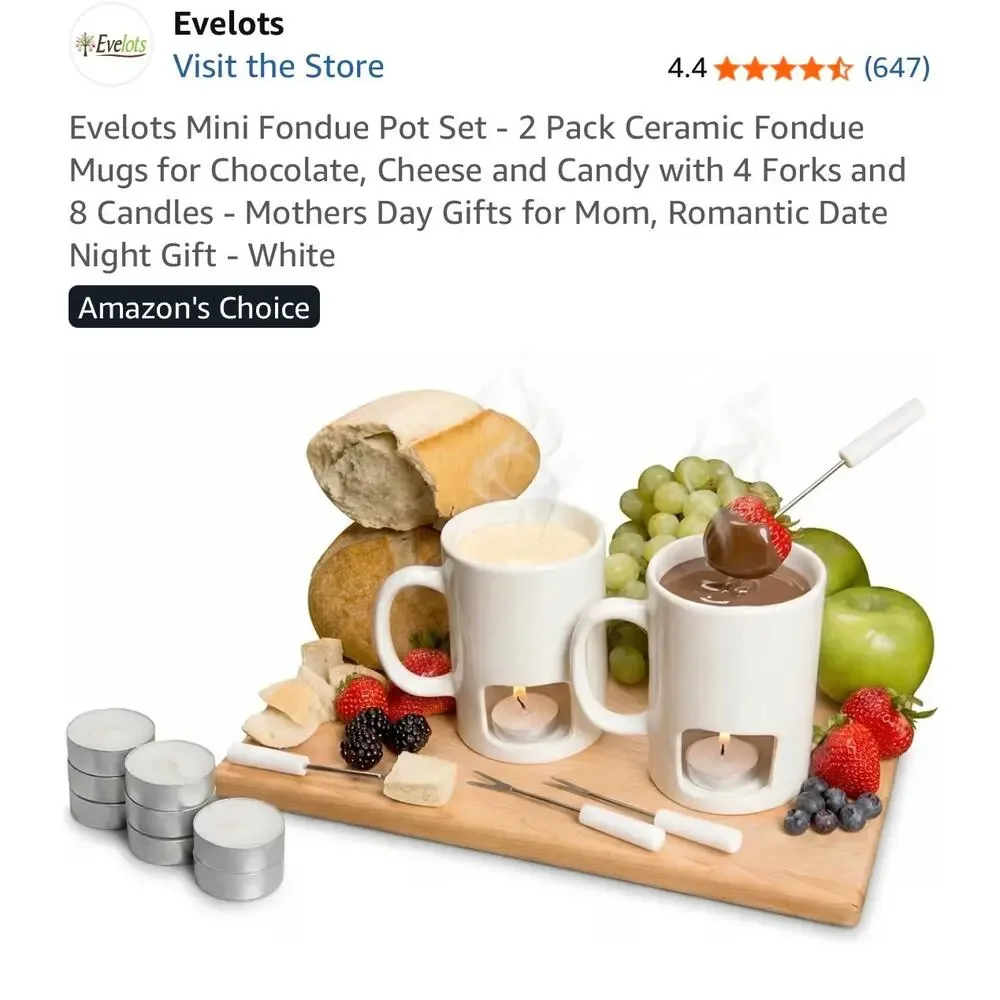 Evelots Classic Personal White Fondue Mugs, set of 2, 4 Forks, Tea Lights